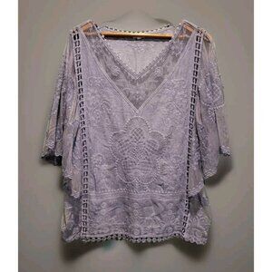 Kindered Lt Blue Embroidered Butterfly Sleeve Boho Cottagecore Top Sz L